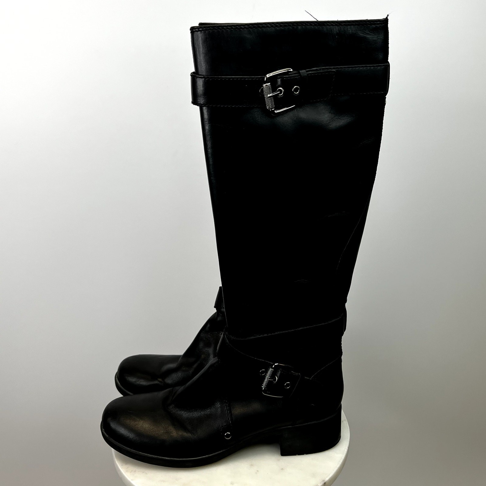 Franco Sarto Piston Tall 100% Leather Black Boots with Buckle Detailing SZ 7 1/2