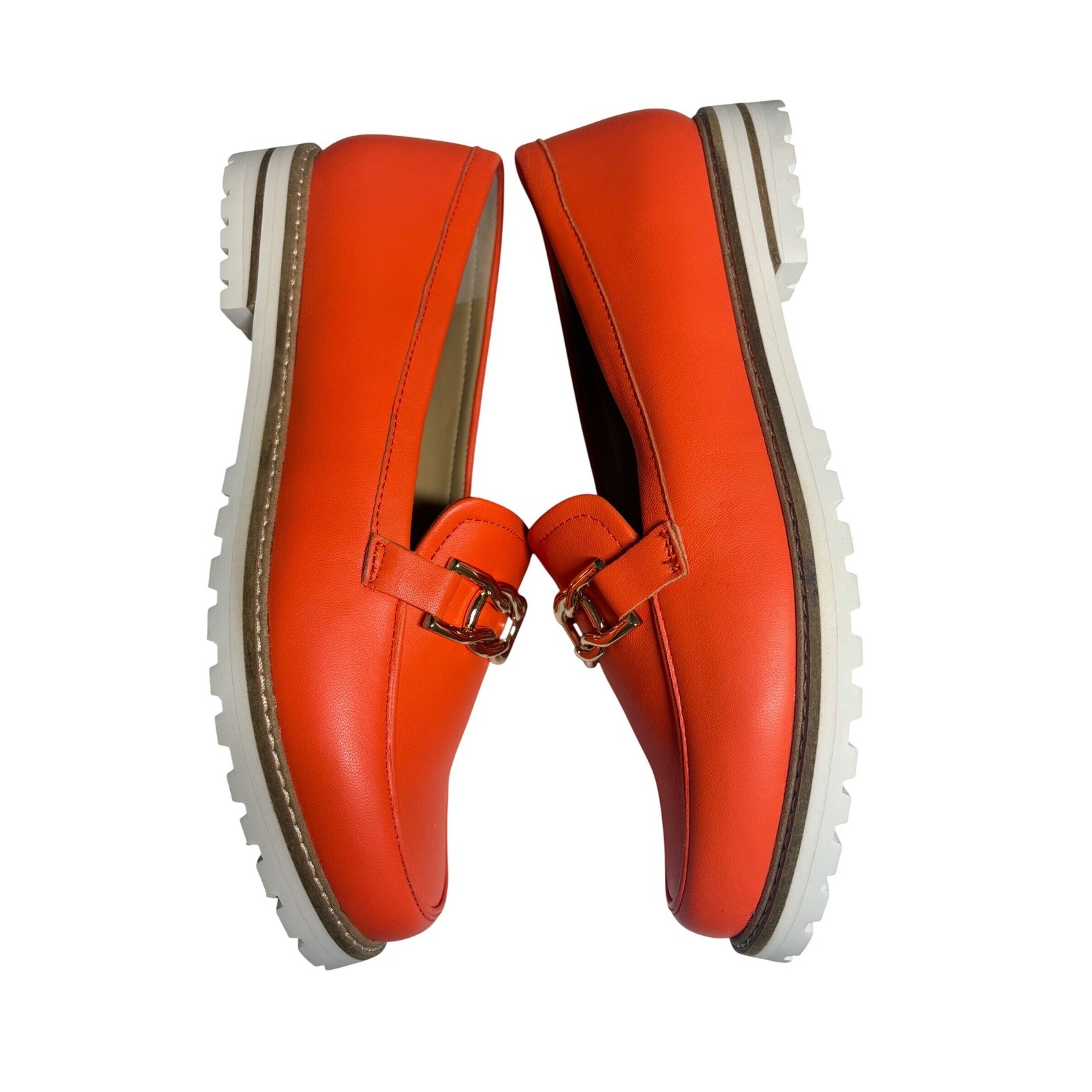 Talbots NWT Laura Link Leather Loafers Bright Tangerine Orange Gold Chain 8.5M