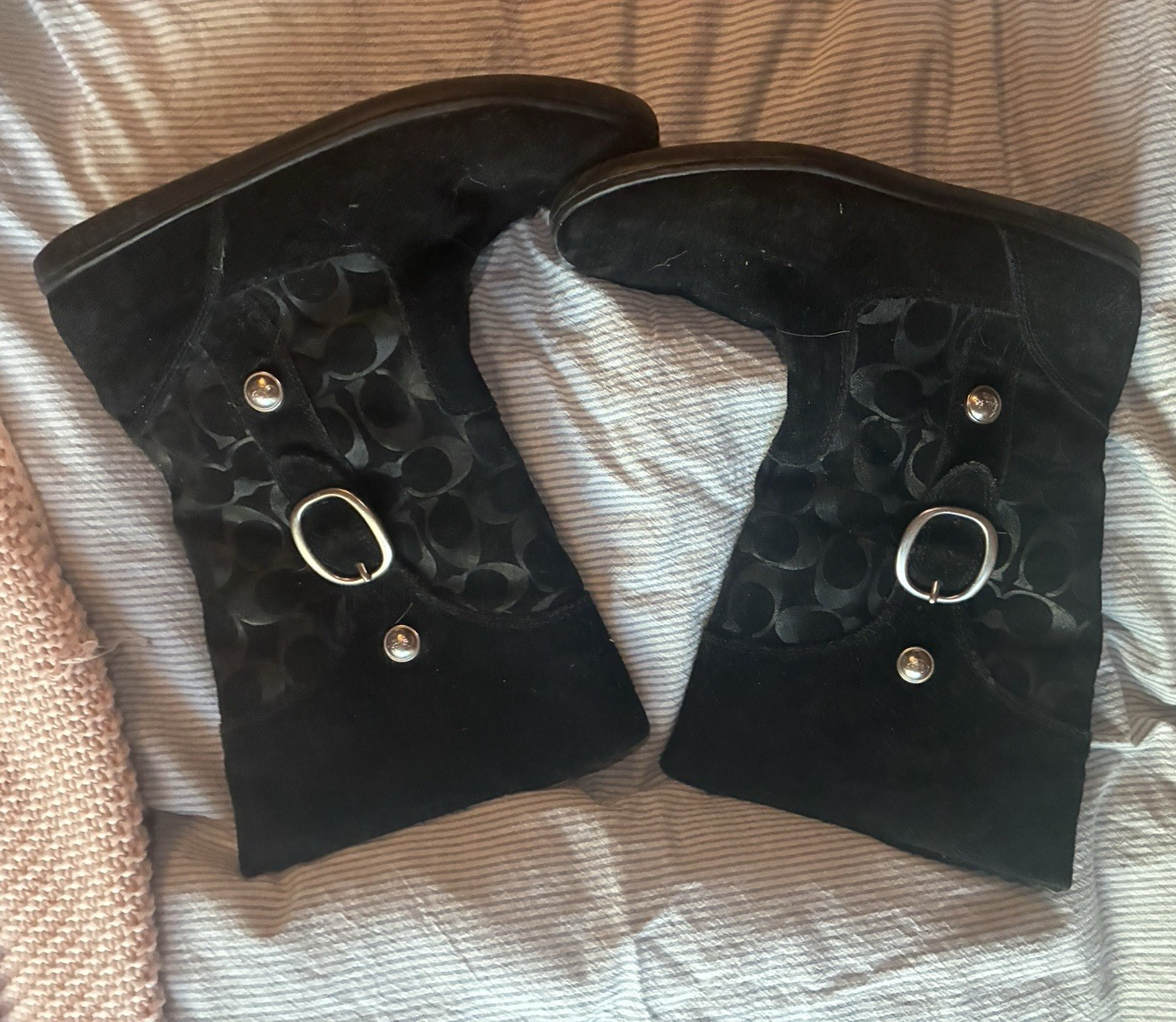 Coach Women’s 8.5 Black Suede Mid-Calf Logo Round Toe Buckle Boots