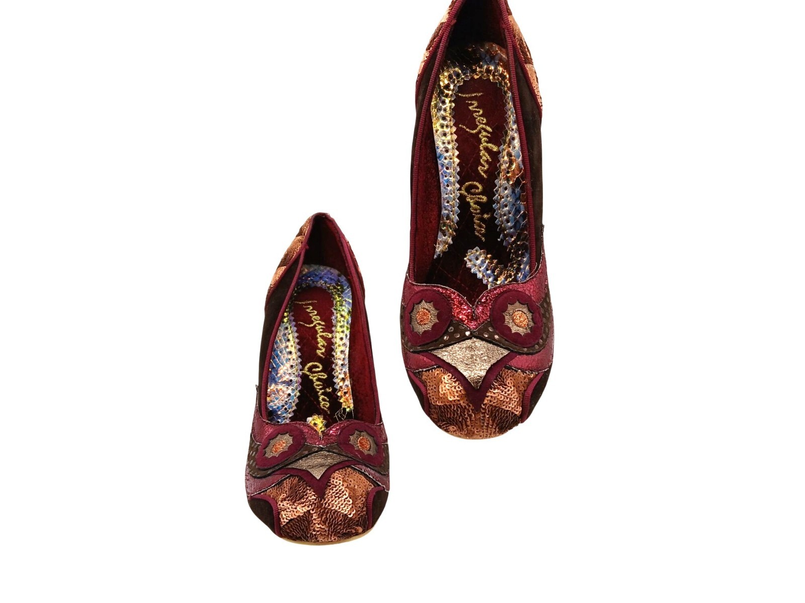 Irregular Choice Burgundy Gold Sequin Velvet Heels Acrylic Clear Heel Size 39 EU