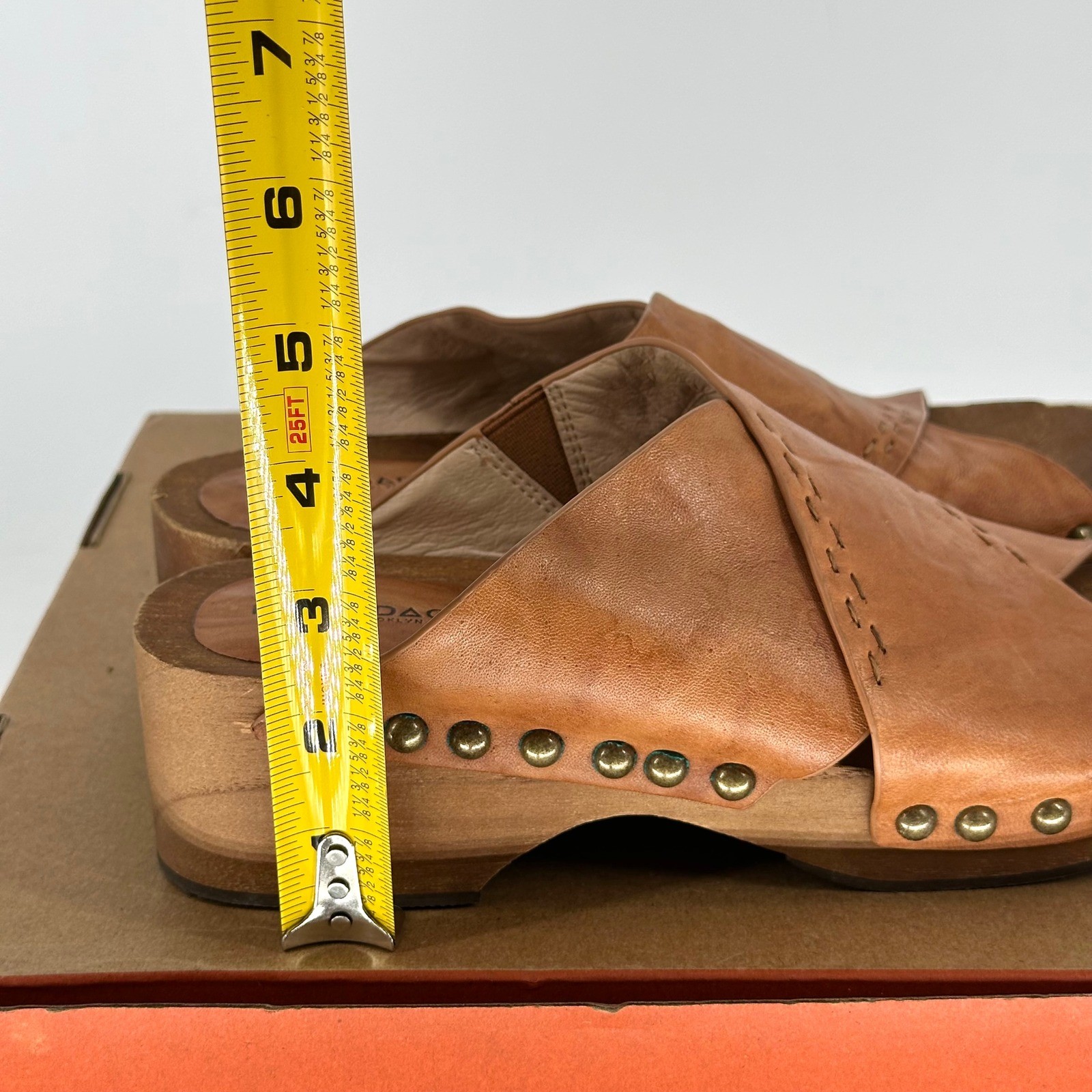 Kelsi Dagger Tan Leather Studded Clog Wood Platform Sandal Boho 8