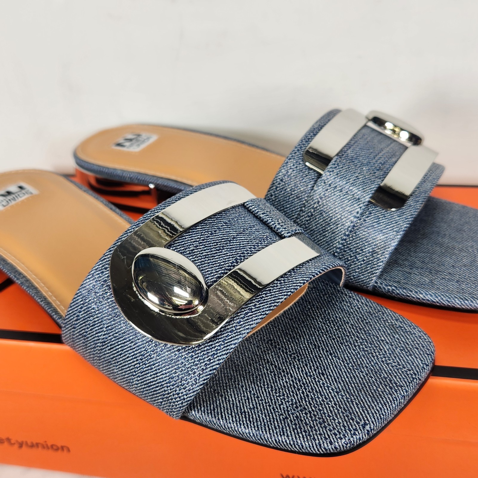 9 WOM – Ninety Union Bali – Blue Denim / Silver Buckle Strap Low Heel Slide