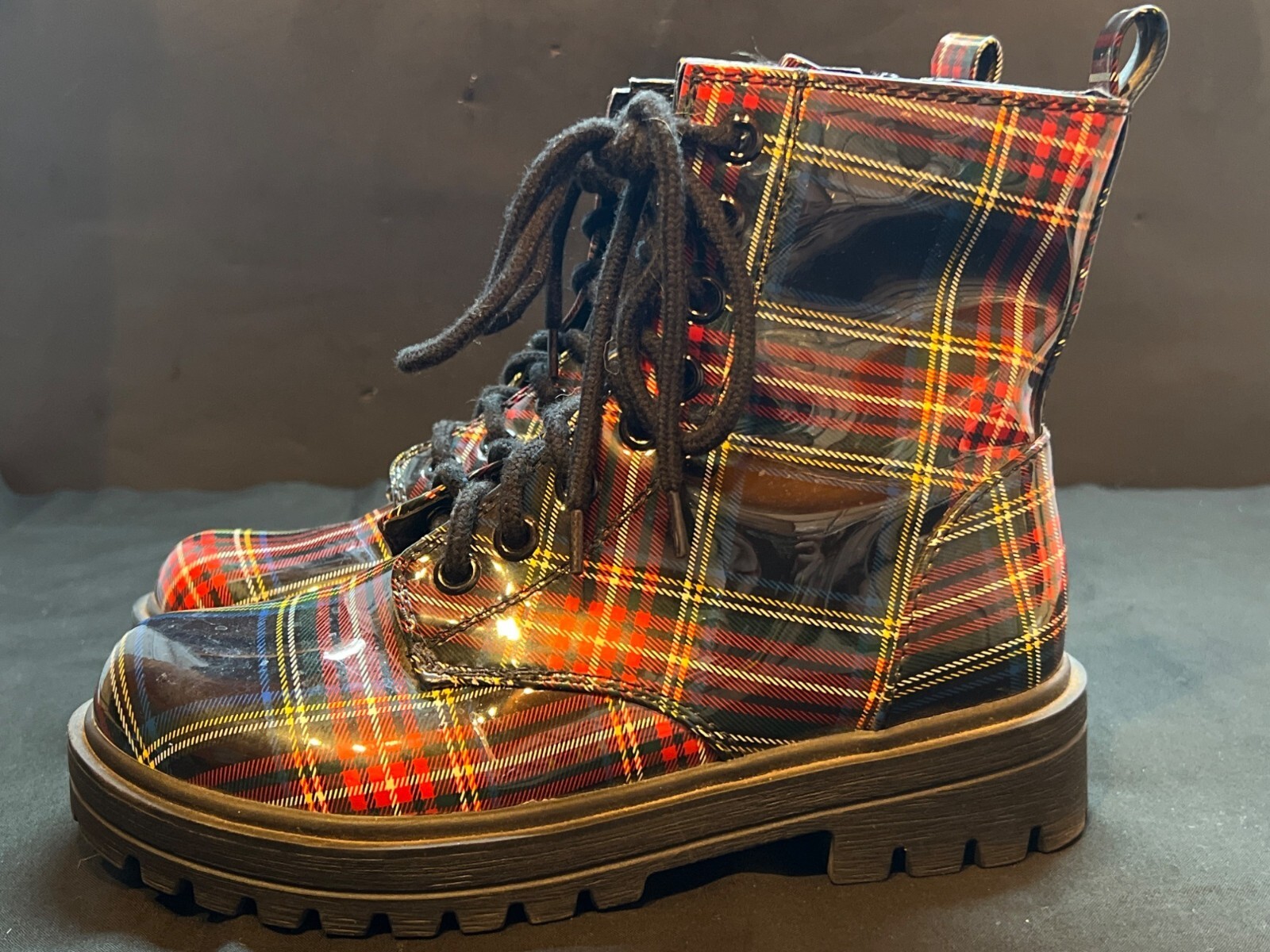 SODA Red & Yellow Plaid High-Gloss Combat Boots With Side Zipper & Lace-Up