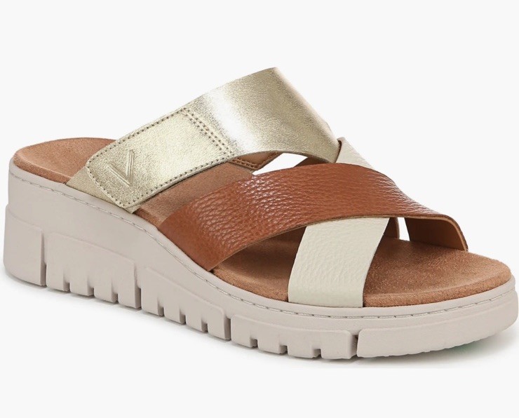 Vionic Uptown Sunset Wedge Slide Sandal Tan Gold Met Leather New Size 7.5