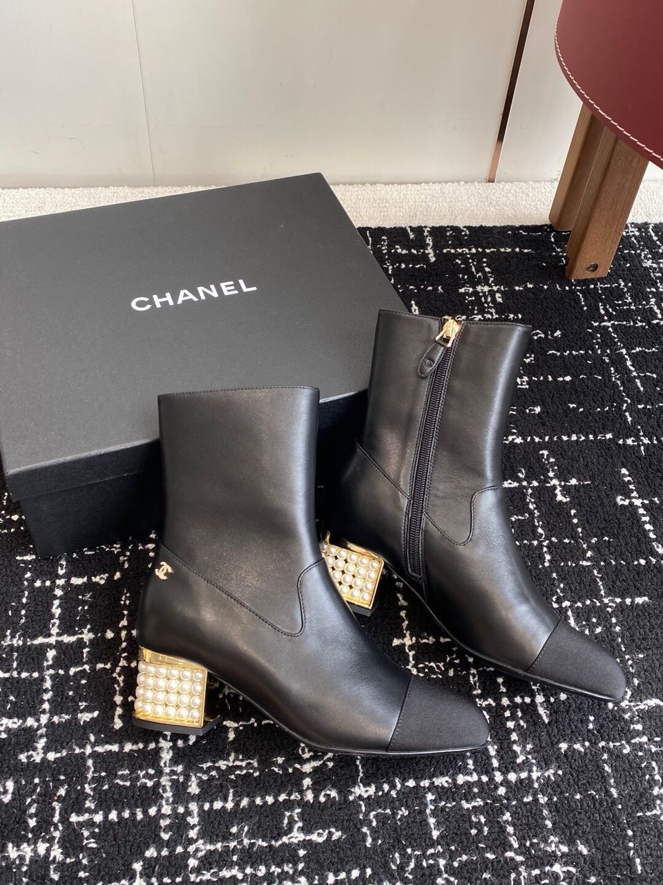 Chanel Fall/Winter 2025 Pearl Ankle Boots – Black Sheepskin, 5cm Heel, Size 10