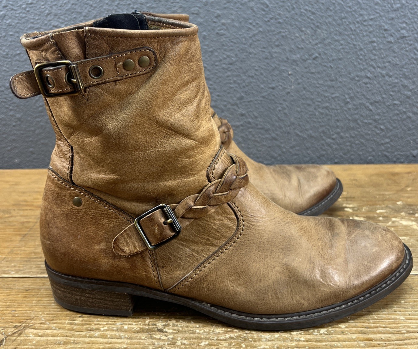 Paul Green Nathan Brown Moto Biker Braided Zip Up Boots Size 7.5 UK 5.5 Leather