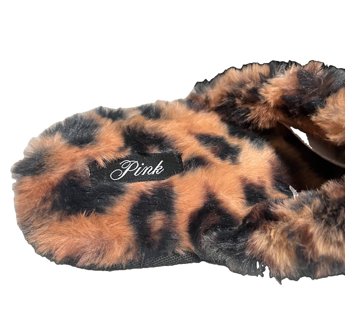 Victoria’s Secret Pink Plush Bling Logo Faux Fur Leopard Slippers Size Large