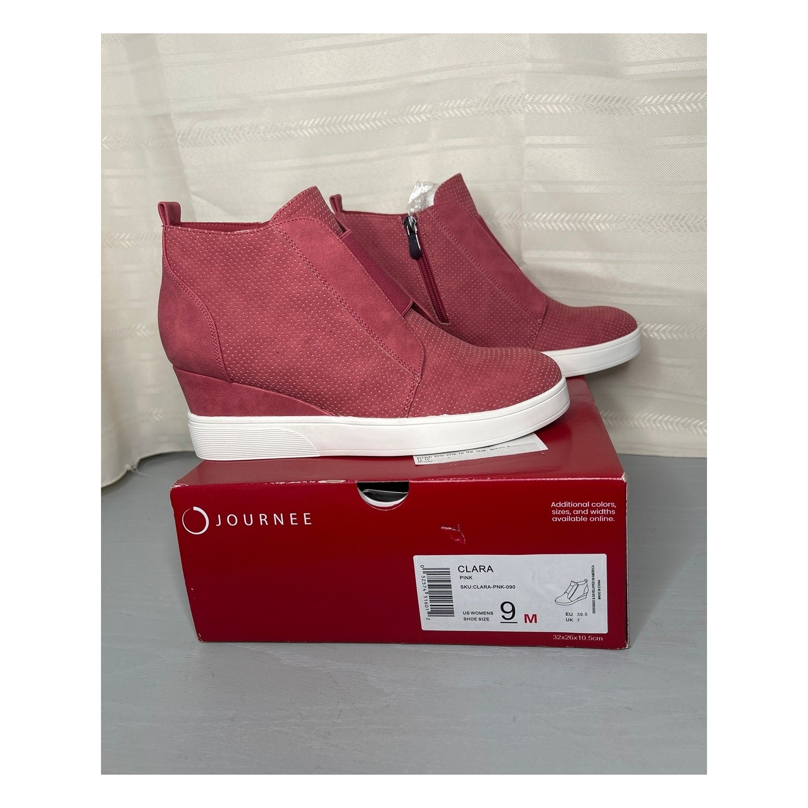 Journee Collection Clara Wedge Sneaker Pink Vegan Leather Size 9 M Inside Zip