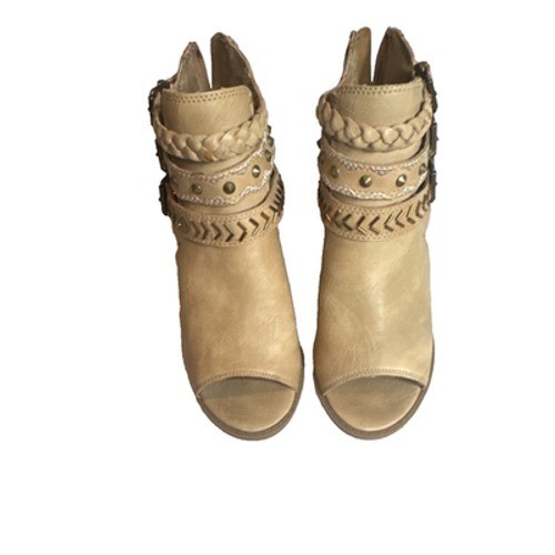 Sugar Beige Braided Buckle Studded Open Toe Zip Ankle Bootie Women’s Boots
