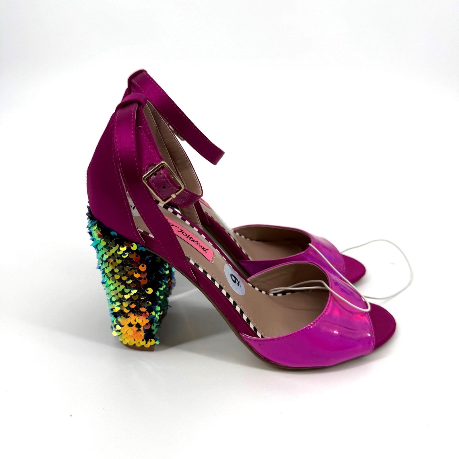 Betsey Johnson 9 Brandy Pink Patent Sequin Block Heel Sandals Party Glam Sparkle