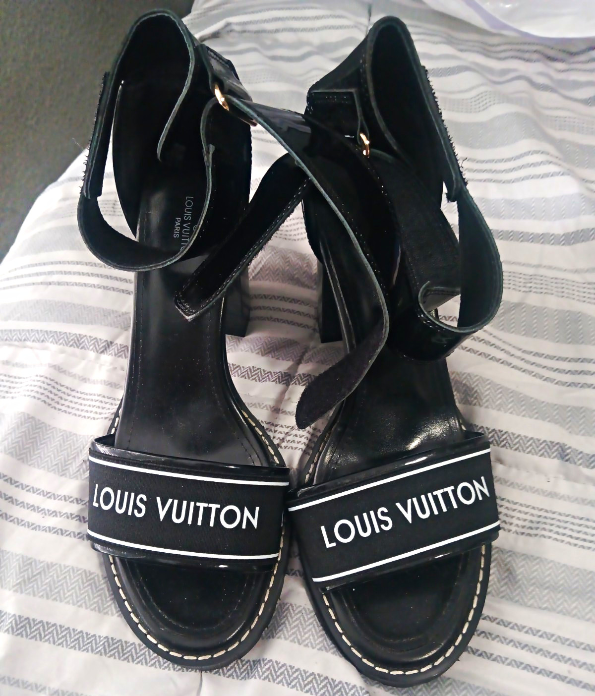 Louis Vuitton Black White Leather Strappy Open Toe Logo Strap Heels 9.5