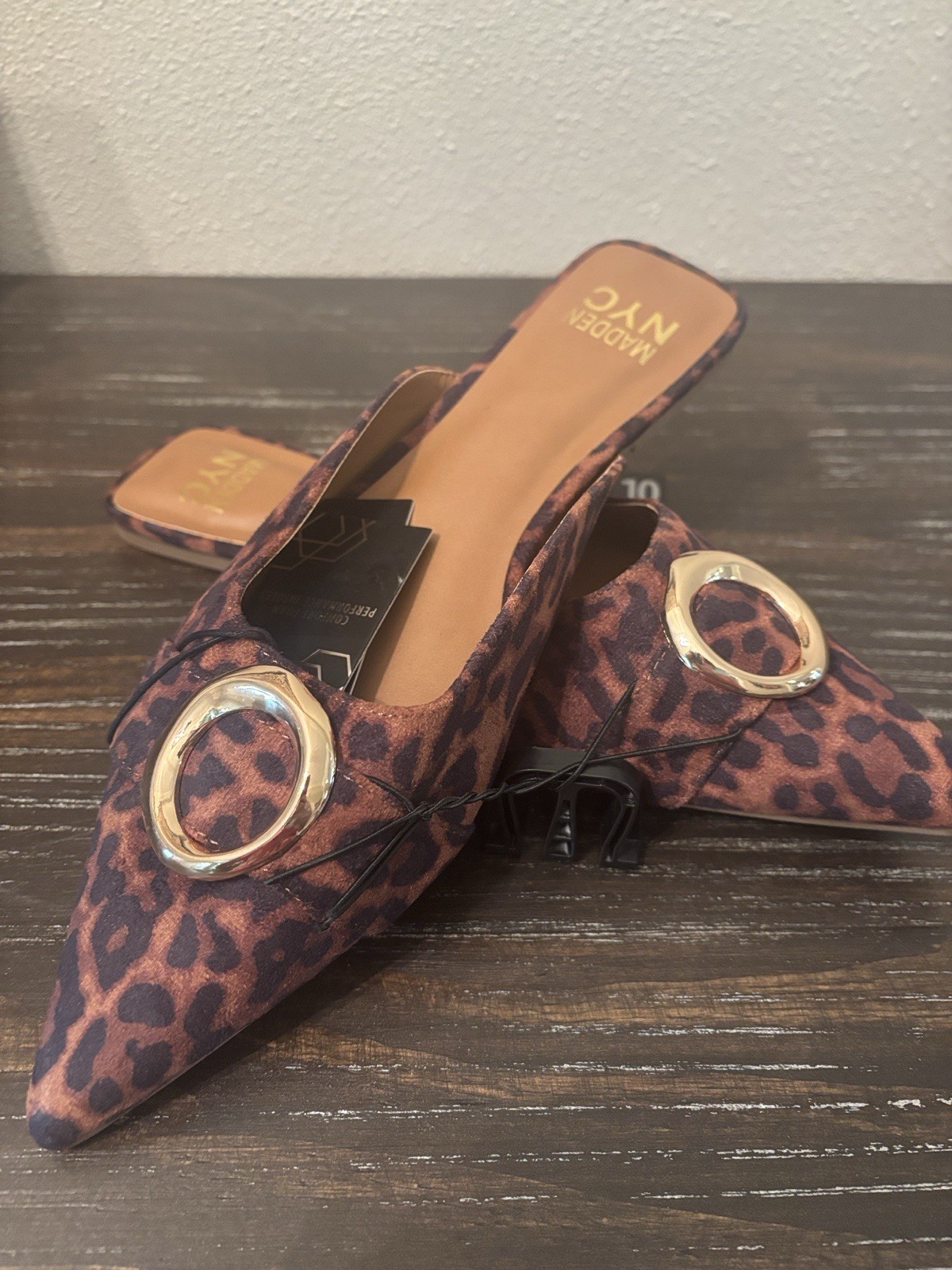 Madden NYC Mules Women 10 Leopard Print Gold Buckle Pointed Toe Flat NEW
