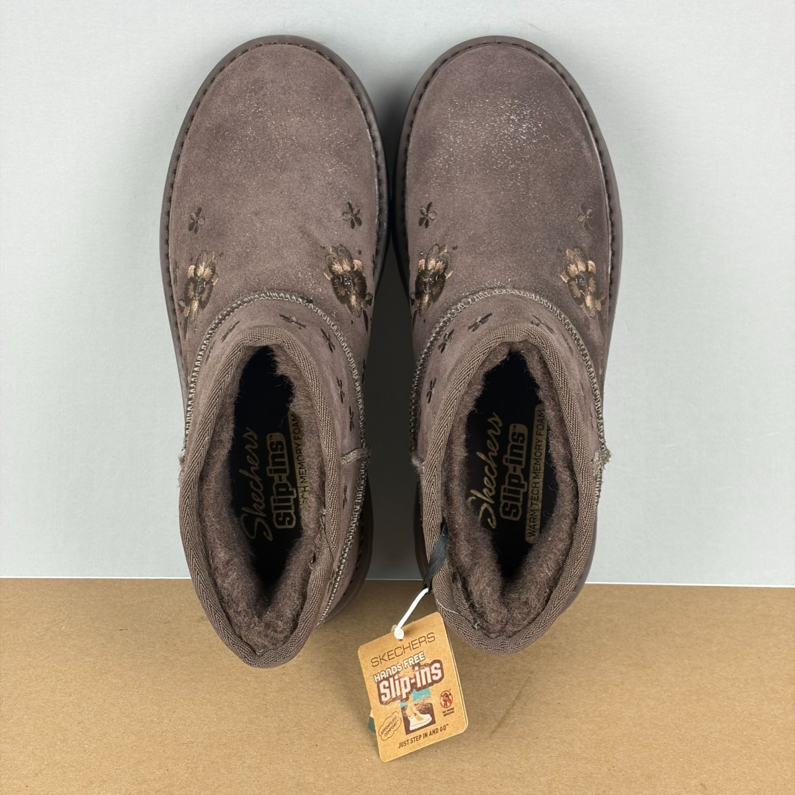 Skechers Slip-Ins Keepsakes Cozy Floral Mini Boots Womens 6.5 Chocolate Brown