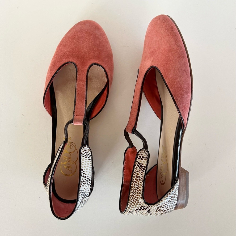 Andrea Candela Vintage Suede Leather Reptile Skinned D’Orsay Flats in Pink, 7