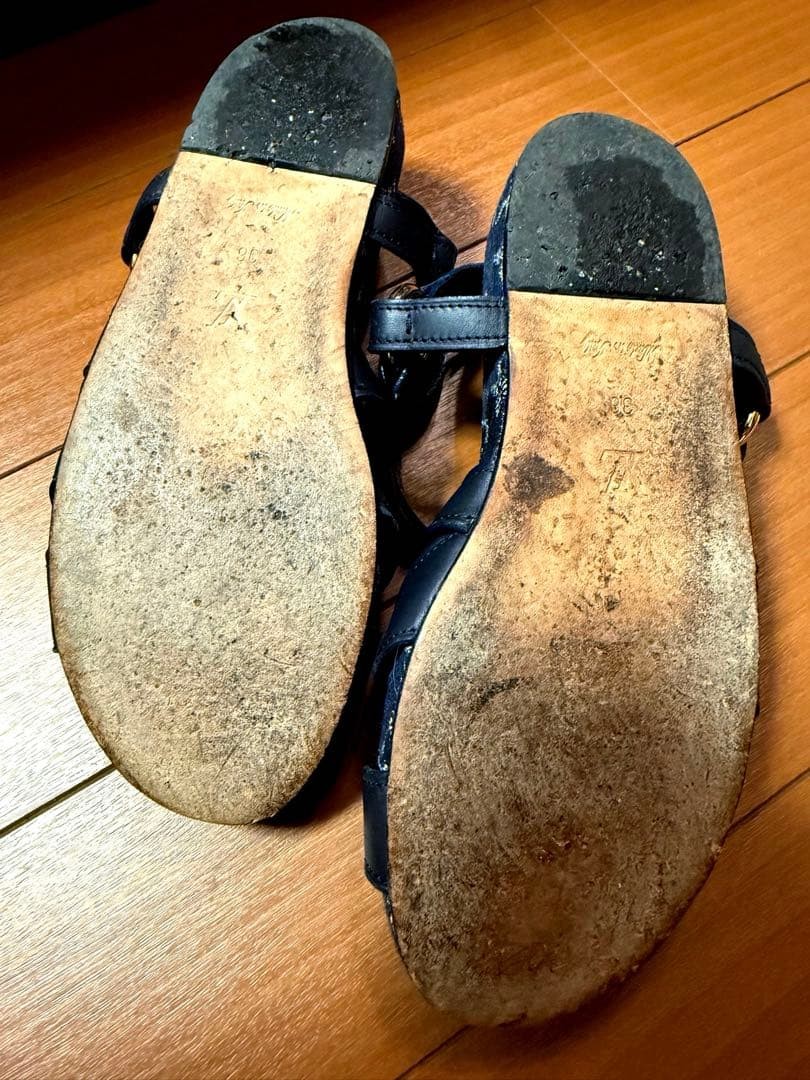 Louis Vuitton Monogram Denim Sandals Flat US 6.5 EU 36 Navy Gold Metal LV Logo