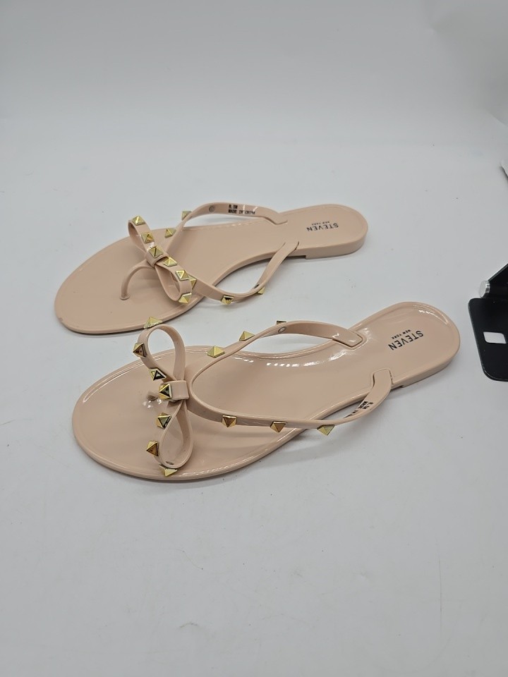 STEVEN New York Deevan Bow Beige w/Gold Studs Sandals Flip Flops Jelly Sz 8.5