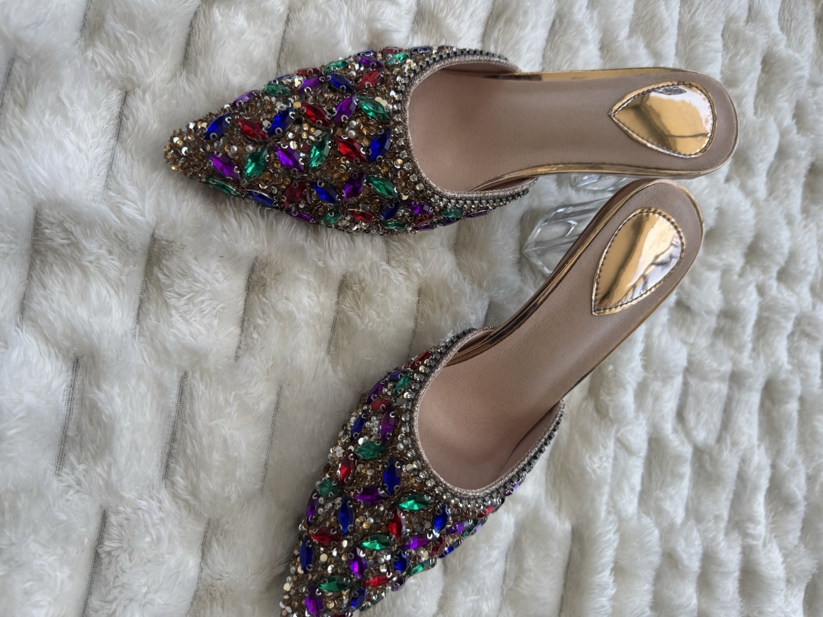 SHEIN Multicolor Rhinestone Beaded Block Heel Pointed Toe Slip On Comfort Mule