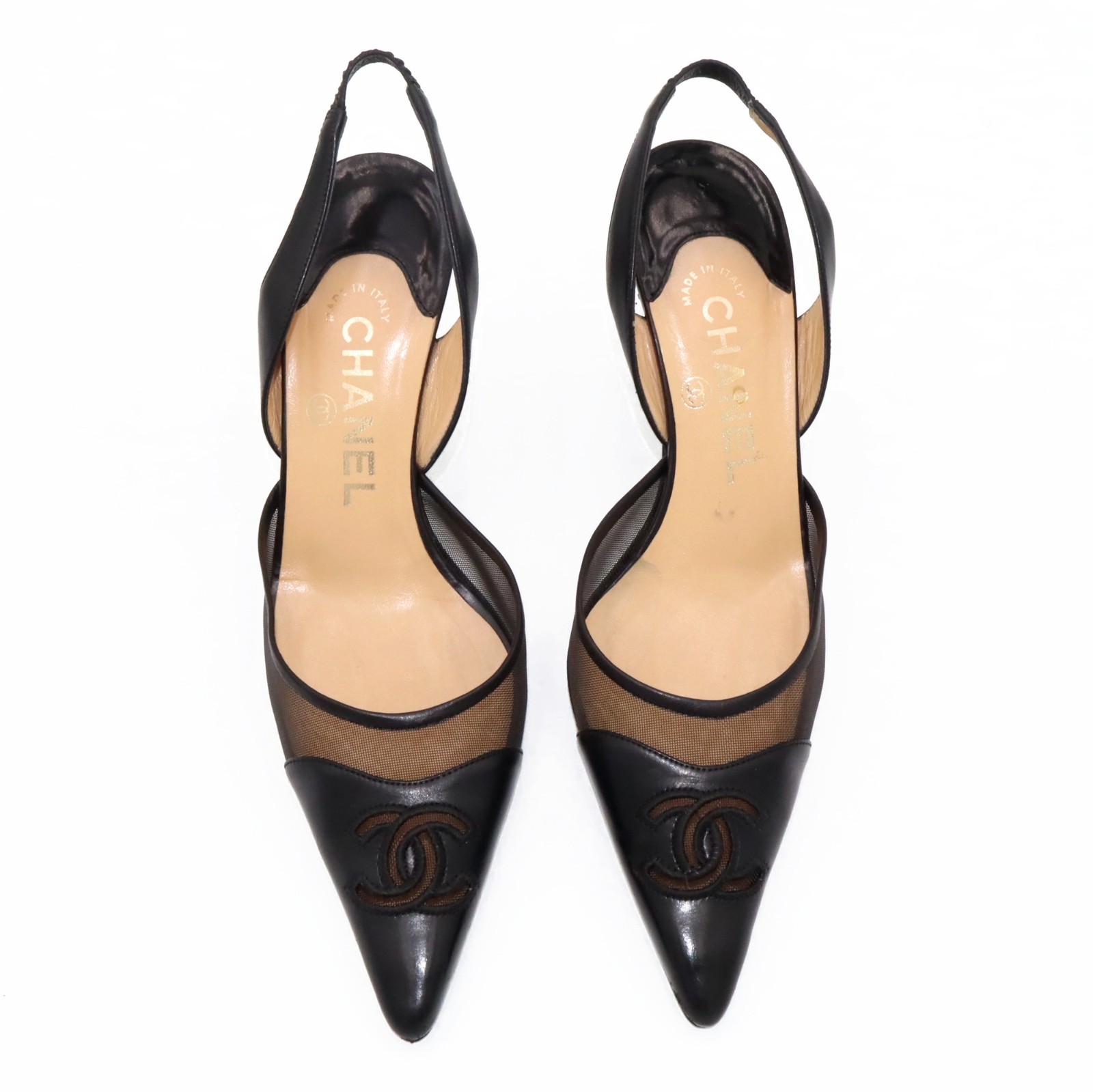 Chanel Vintage CC Mesh Leather Slingback Pumps Black Sz 36.5