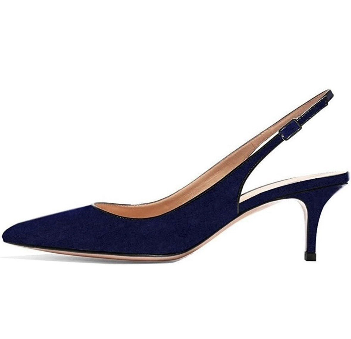 Divanne Women’s Navy Blue Suede Pointed Toe Slingback Buckle Kitten Heels 7