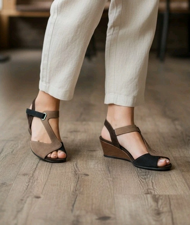 Magnini Comfort Wedge Mid Heels Size 37 AU6 Hook & Loop Closure Real Leather