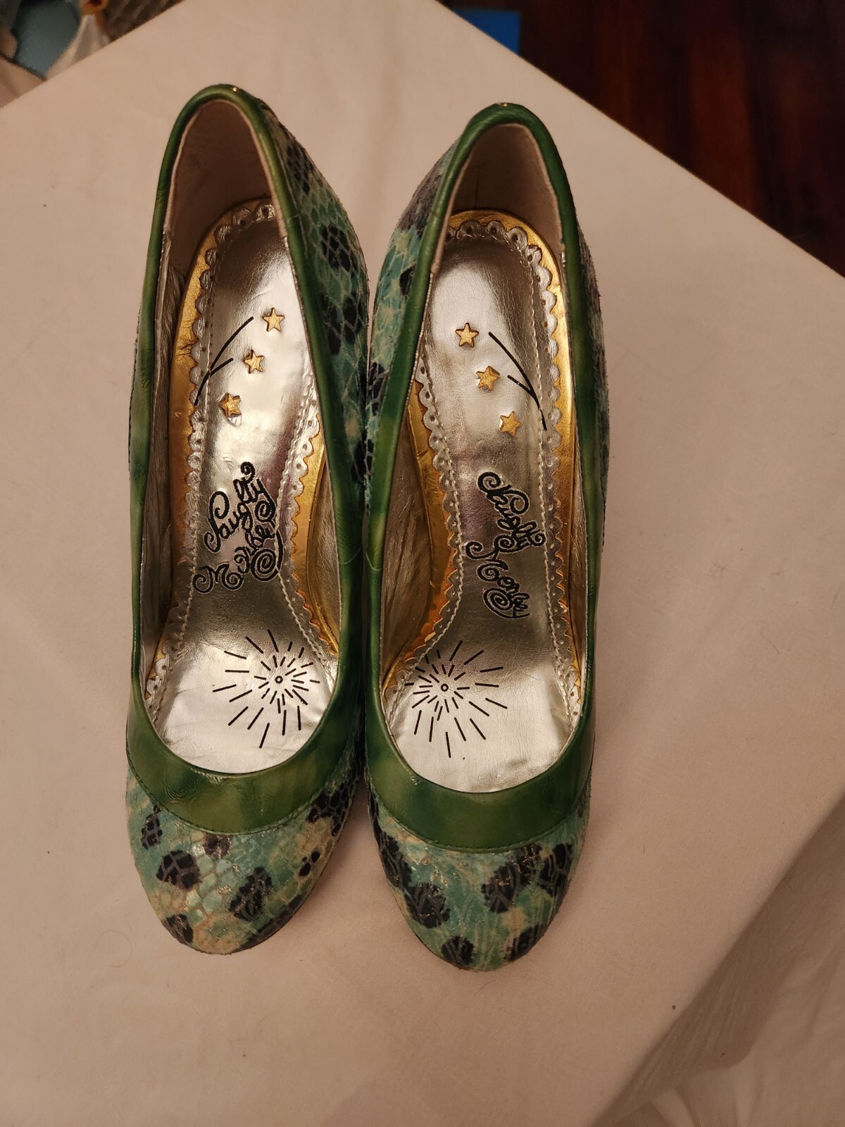 Naughty Monkey 7 Green And Blue W/ Black Leopard Print & Gold Sparkle Pumps