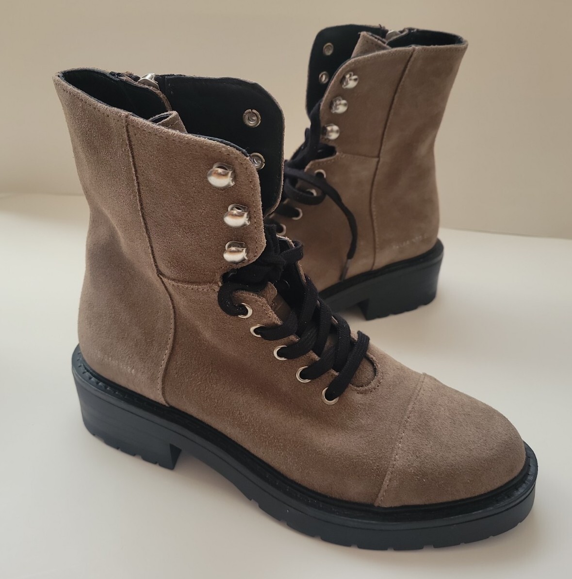 All Saints Dusty Suede Leather Combat Boots Size 36/6 Light Grey New with Box