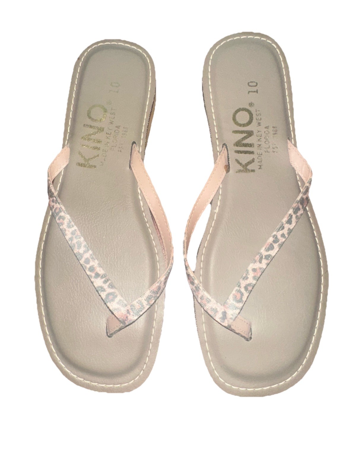 KINO Key West FL USA Women’s Sz 10 Taupe Animal Print Leather Flip Flops Sandals