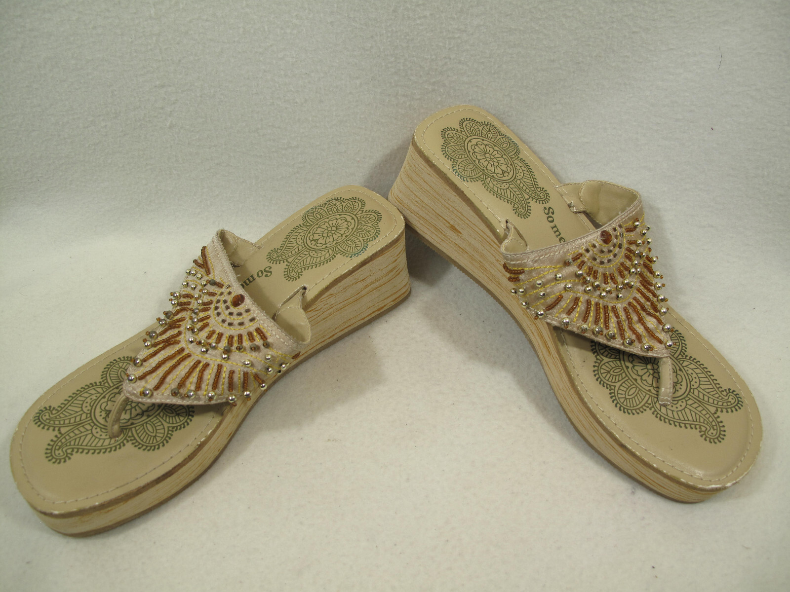 Skechers USA~Women’s Somethin’ Else Jaunt~Beaded~Wedge~Thong~Sandal~ Size 10.5