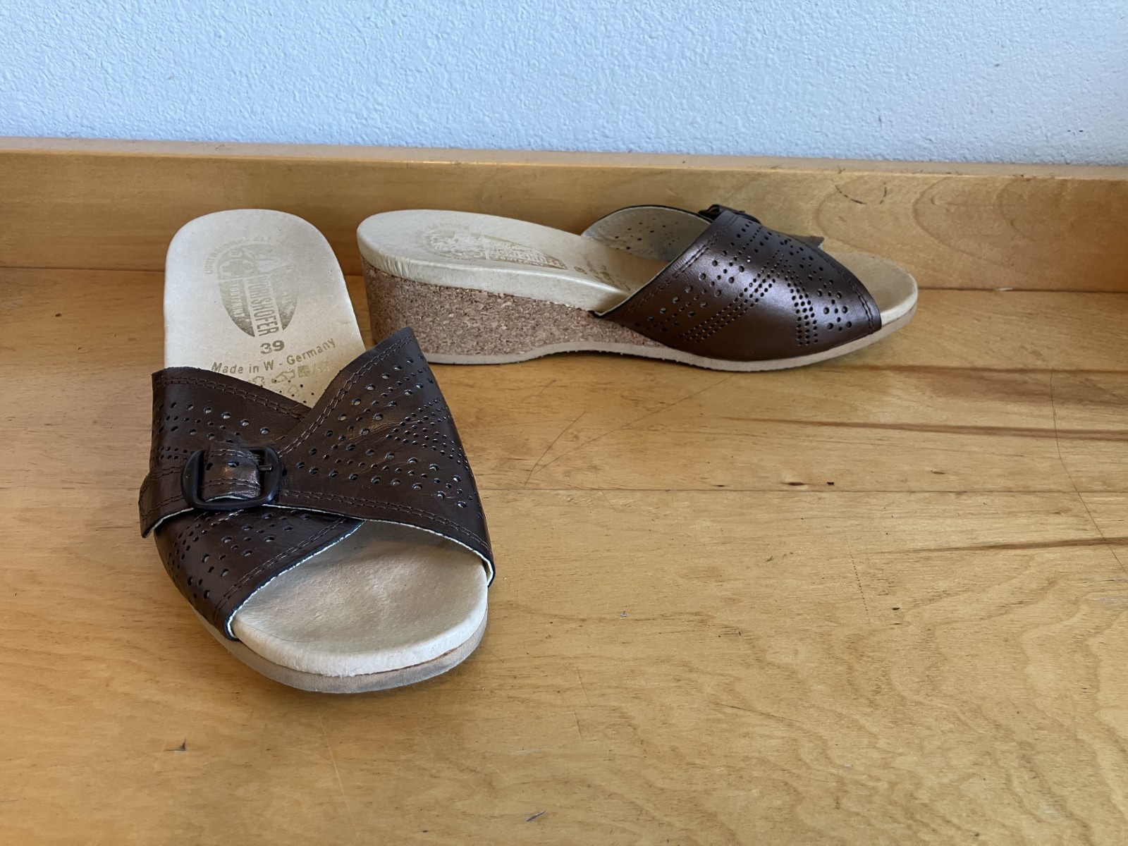 Worishofer Wedge Slide Sandals Women’s Size 39/8 Brown Leather Made in Germany