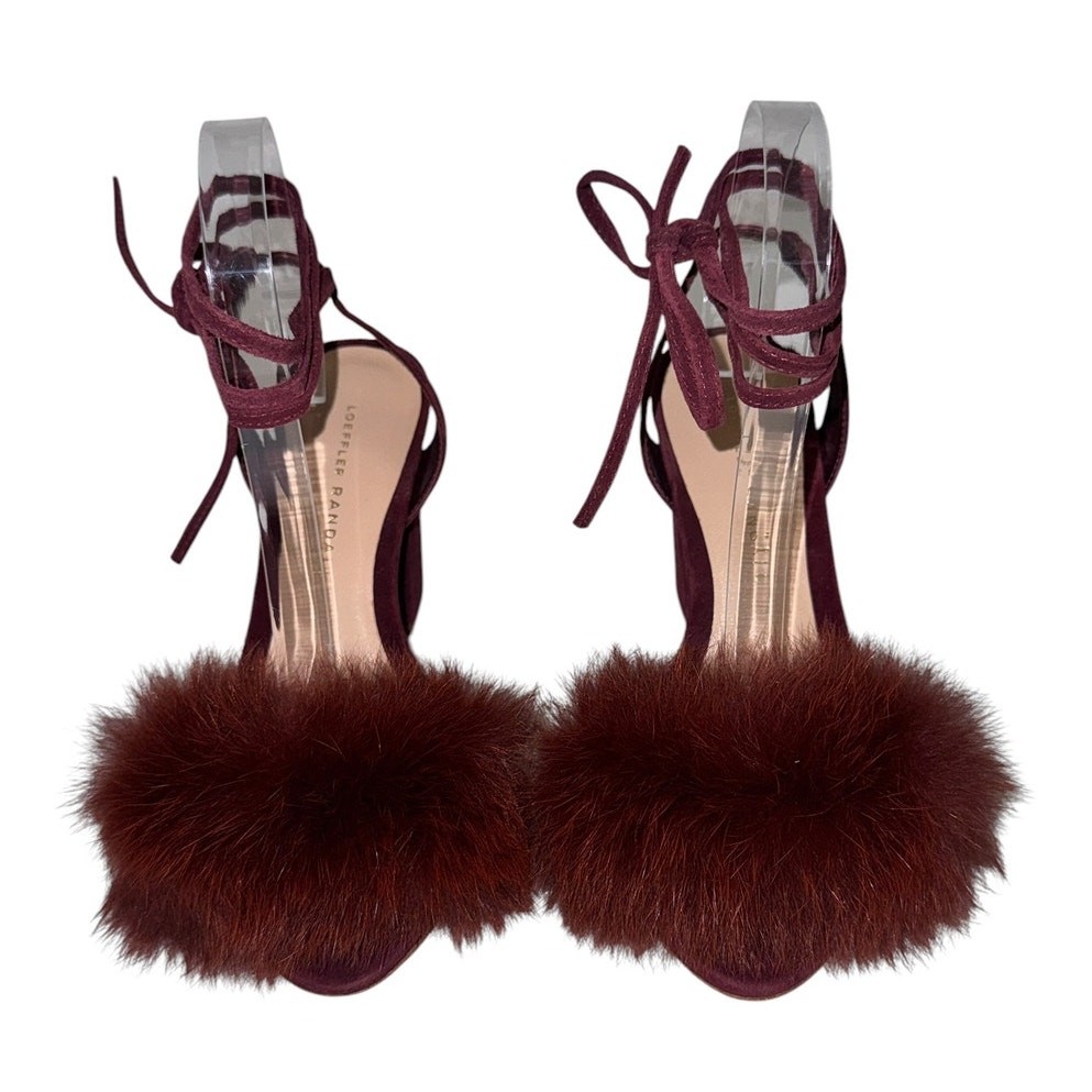 Loeffler Randall Nicolette Fox Fur Suede Ankle Tie Heel Sandals Size 6