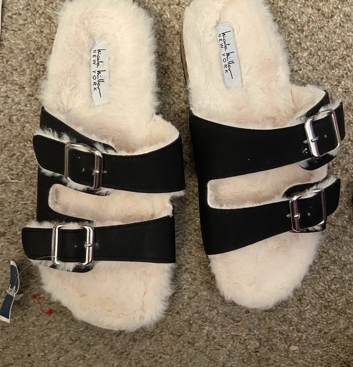 Nicole Miller New York Black Bettina Slide Sandals Faux Fur Sz 9 Women Soft NEW
