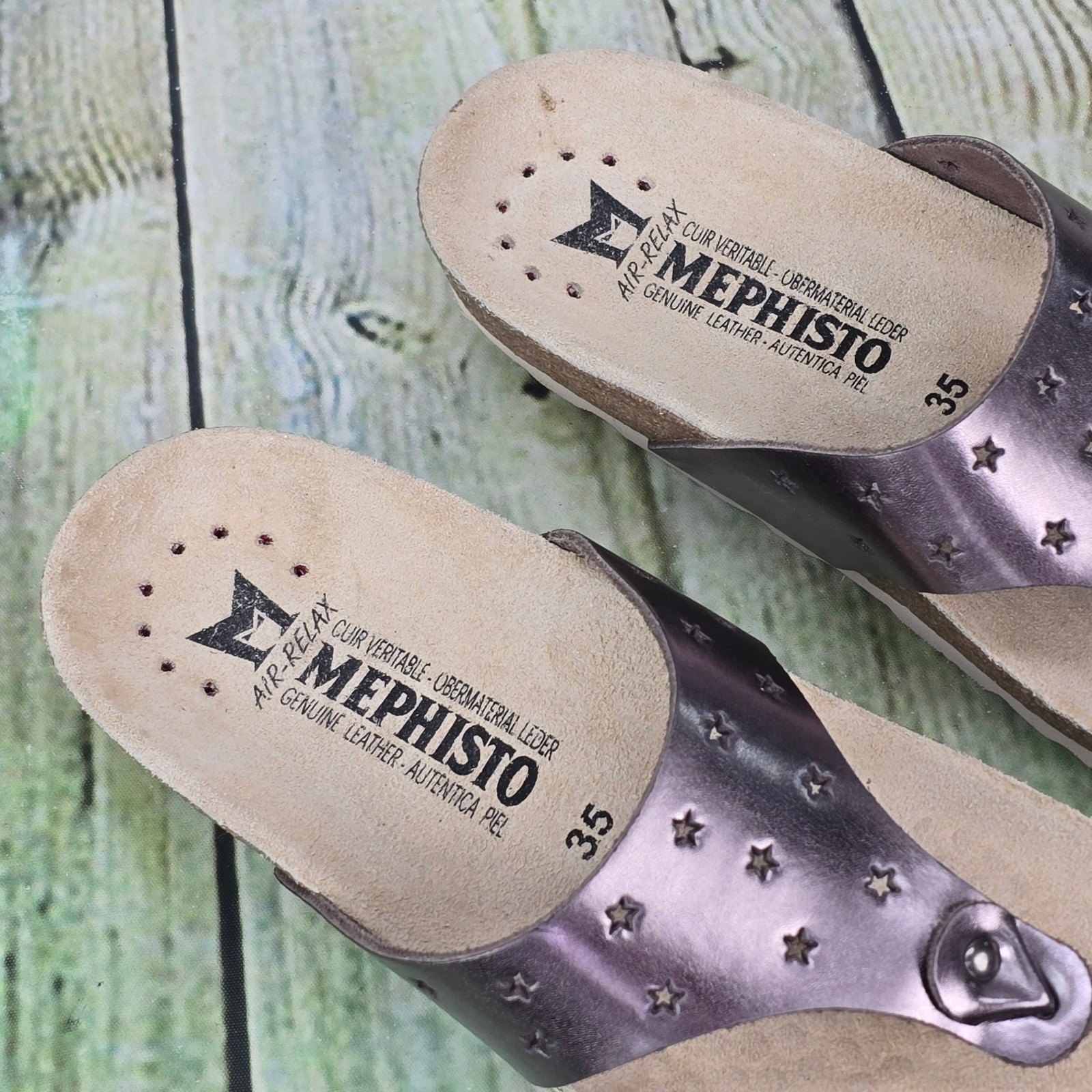 Mephisto Nikie Star Sandals Womens 35 5 Metallic Pewter Leather Cork Thong Slide