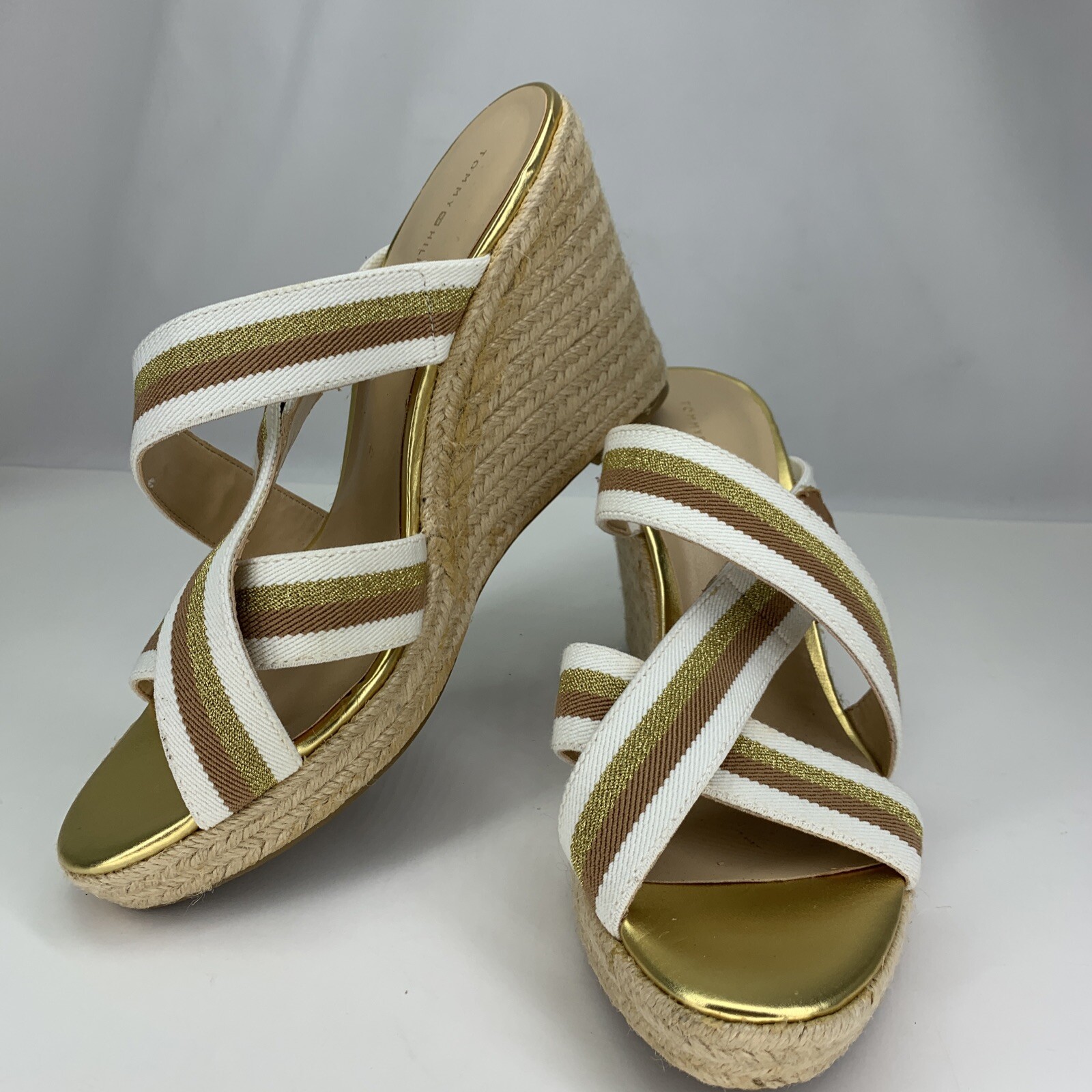 Tommy Hilfiger Sz 10 TWPARFAIT Espadrille White Gold Brown Strappy Wedge Sandals