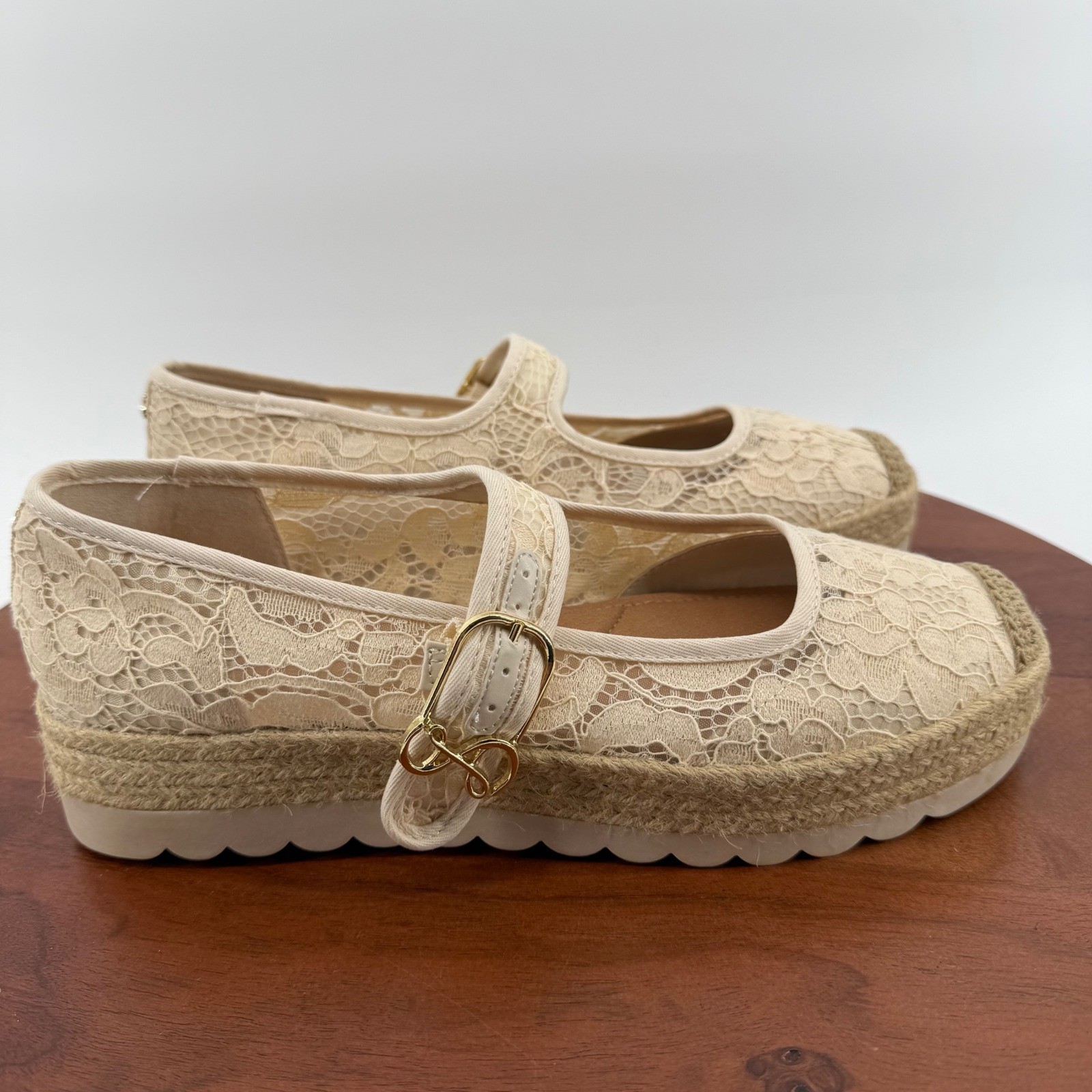 Sam & Libby Mary Jane Espadrille Women Beige Floral Lace Platform Shoes 10