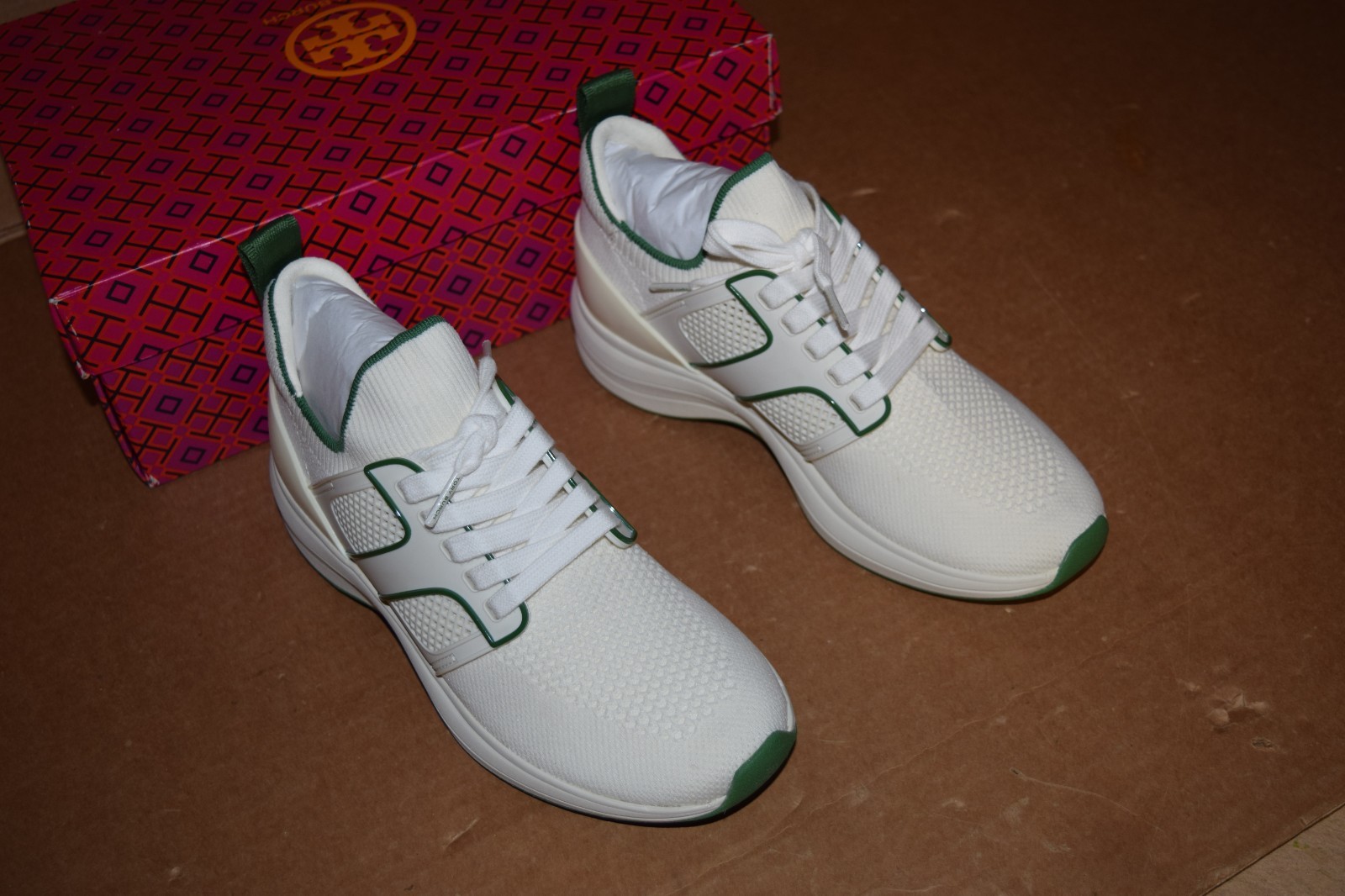 TORY BURCH T SOCK RUNNER IVORY/GREEN WOMEN SNEAKERS 5.5, 7, 11