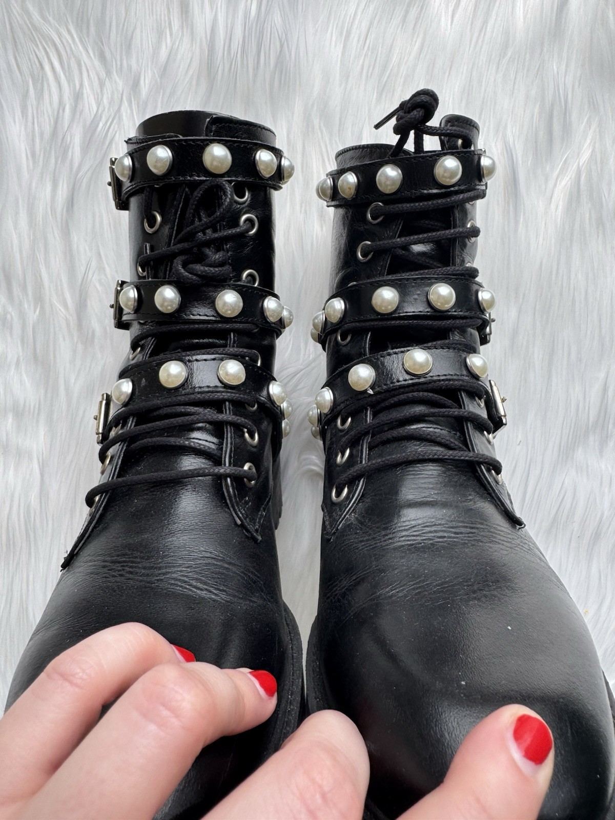 Zara Pearl Studded Leather Combat Boots – Size 8