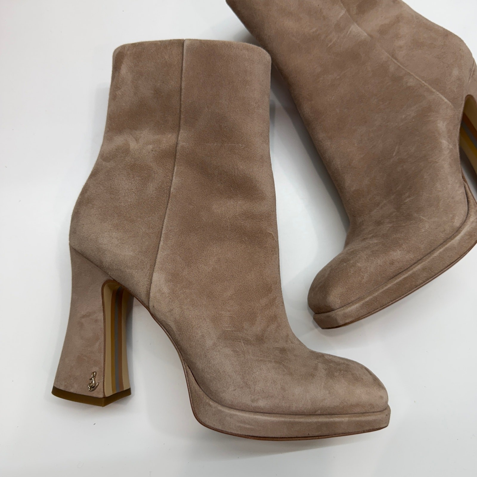 $180 Sam Edelman Taupe Heeled Platform Jaye Boots 8.5 in Cashmere Suede Color
