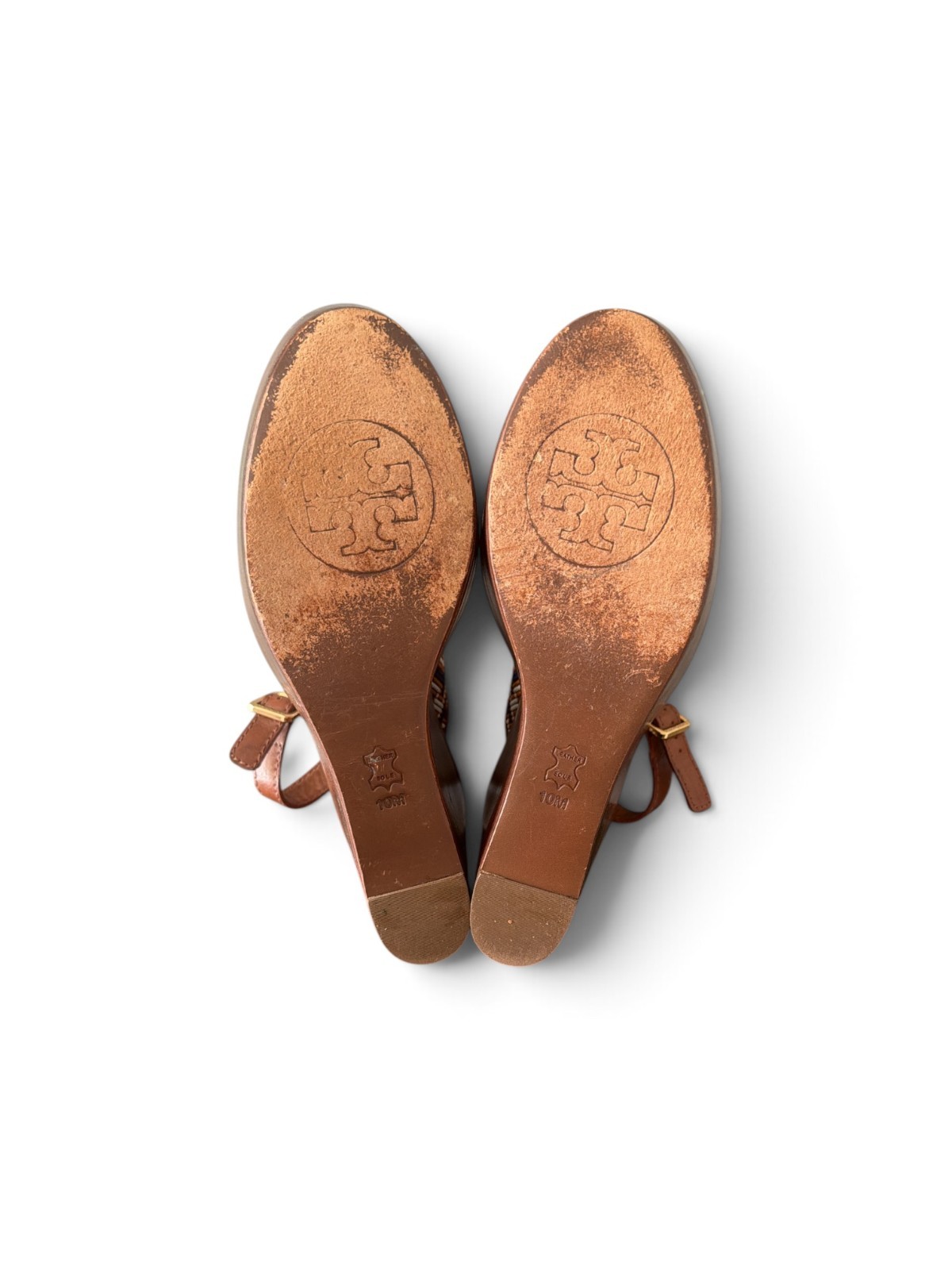 Tory Burch Platform Sandals Women’s 10M Brown Leather 5″ Heel Double T Logo