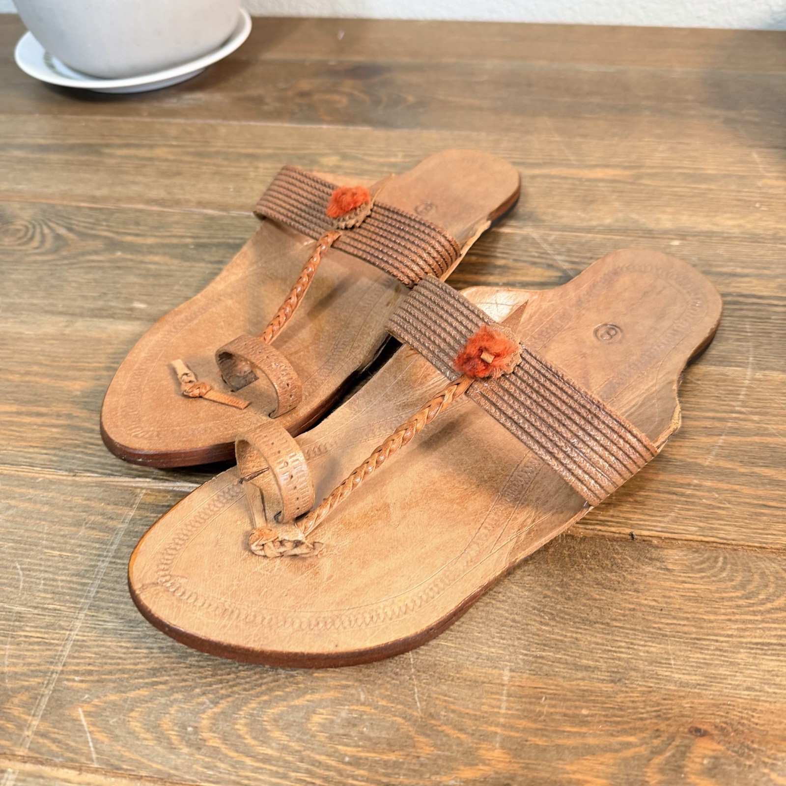 100% Leather Kolapuri Classy Unisex Sandals Sz:8 Hand Made/Stitched In Pakistan