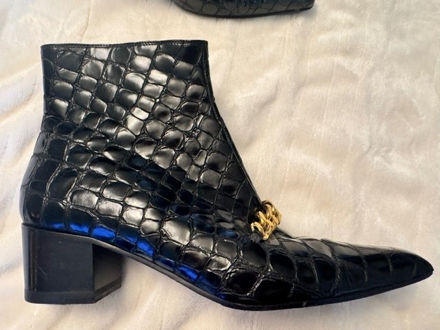 Tom Ford Black Leather Gold Chain Link Ankle Boots, black, size 39