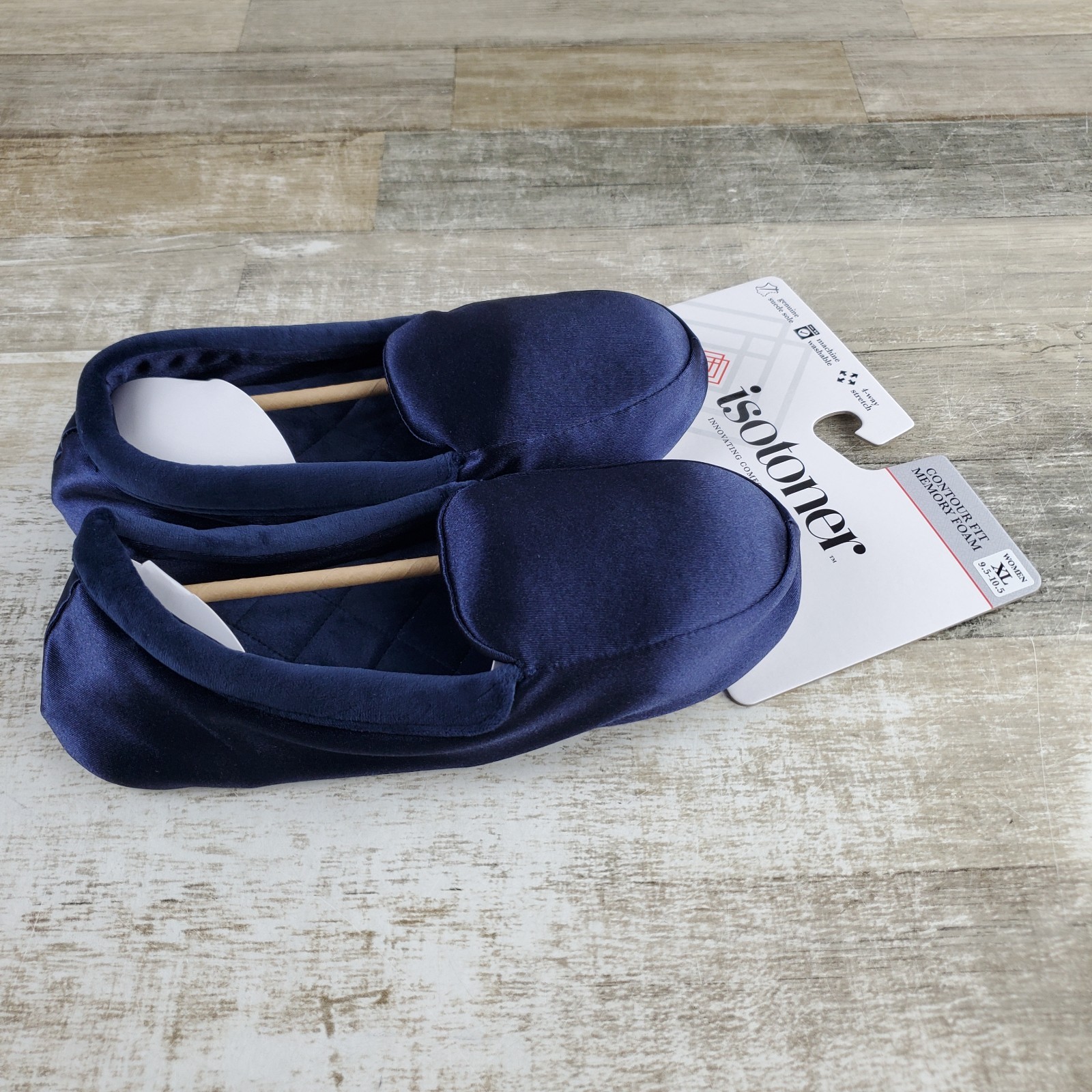 Isotoner Ivy Womens Moccasin Slippers Sz 9.5 – 10.5 Navy Spandex Velour Stretch