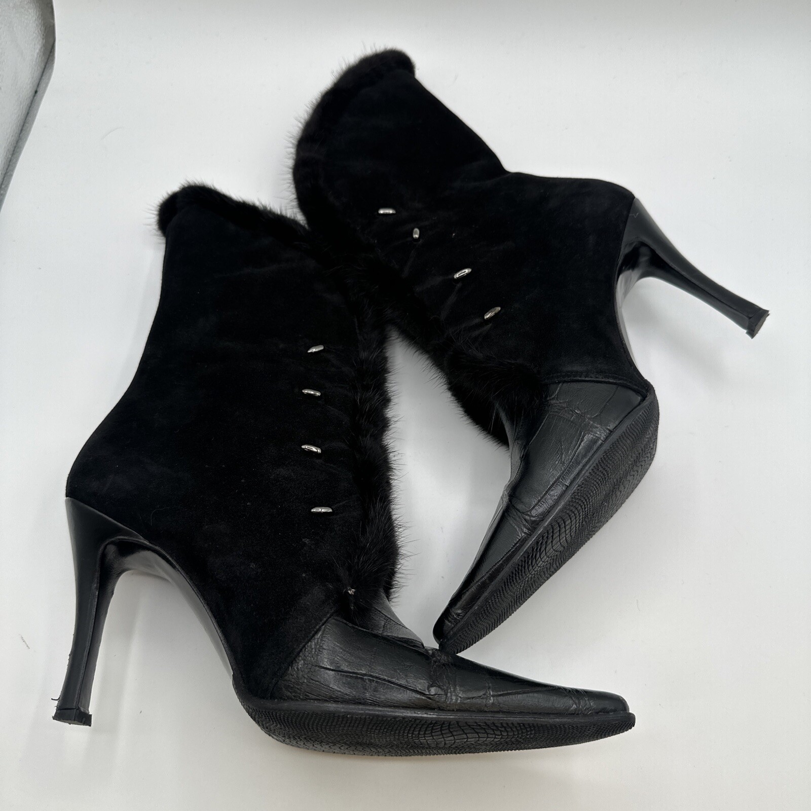 Mauri Boots Womens 9.5 Black Suede Alligator Mink Fur Trim Witchy Gothic Italy