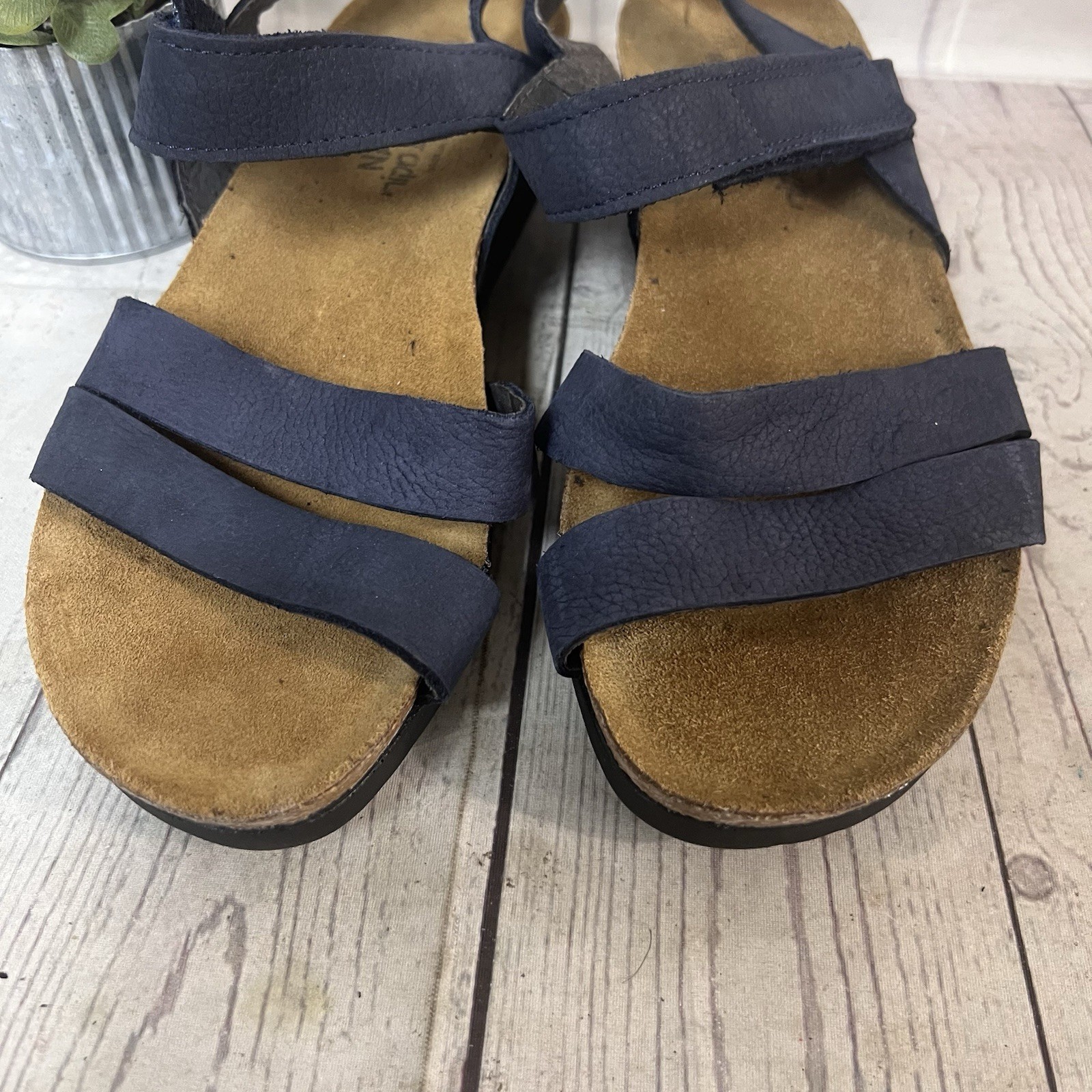 NAOT Kayla Women’s Navy Blue Nubuck Leather Comfort Wedge Sandals EU 38 US 7