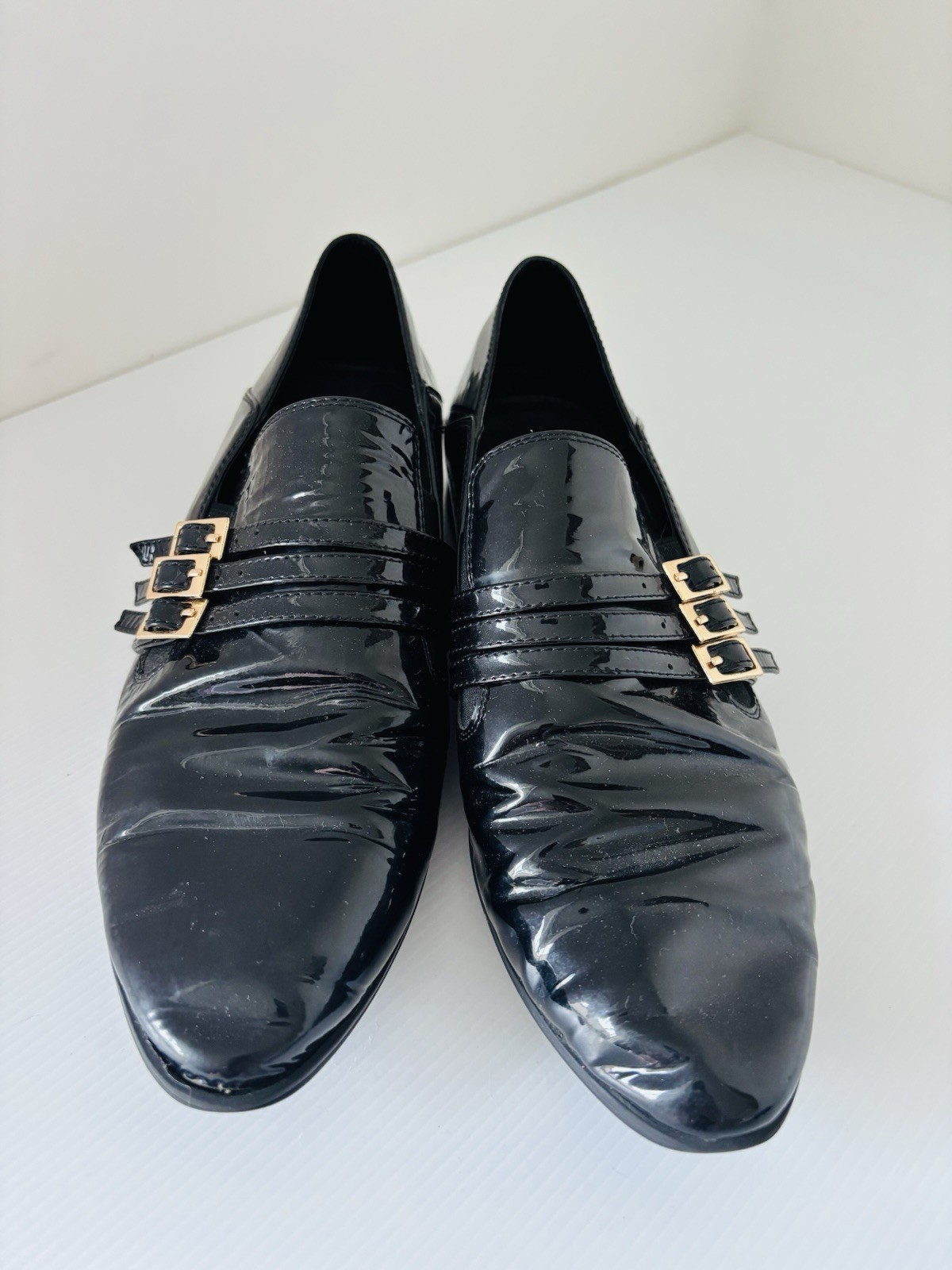 Midas Black Patent Leather Loafers Triple Buckle Womens Shoes Size 40 / 9