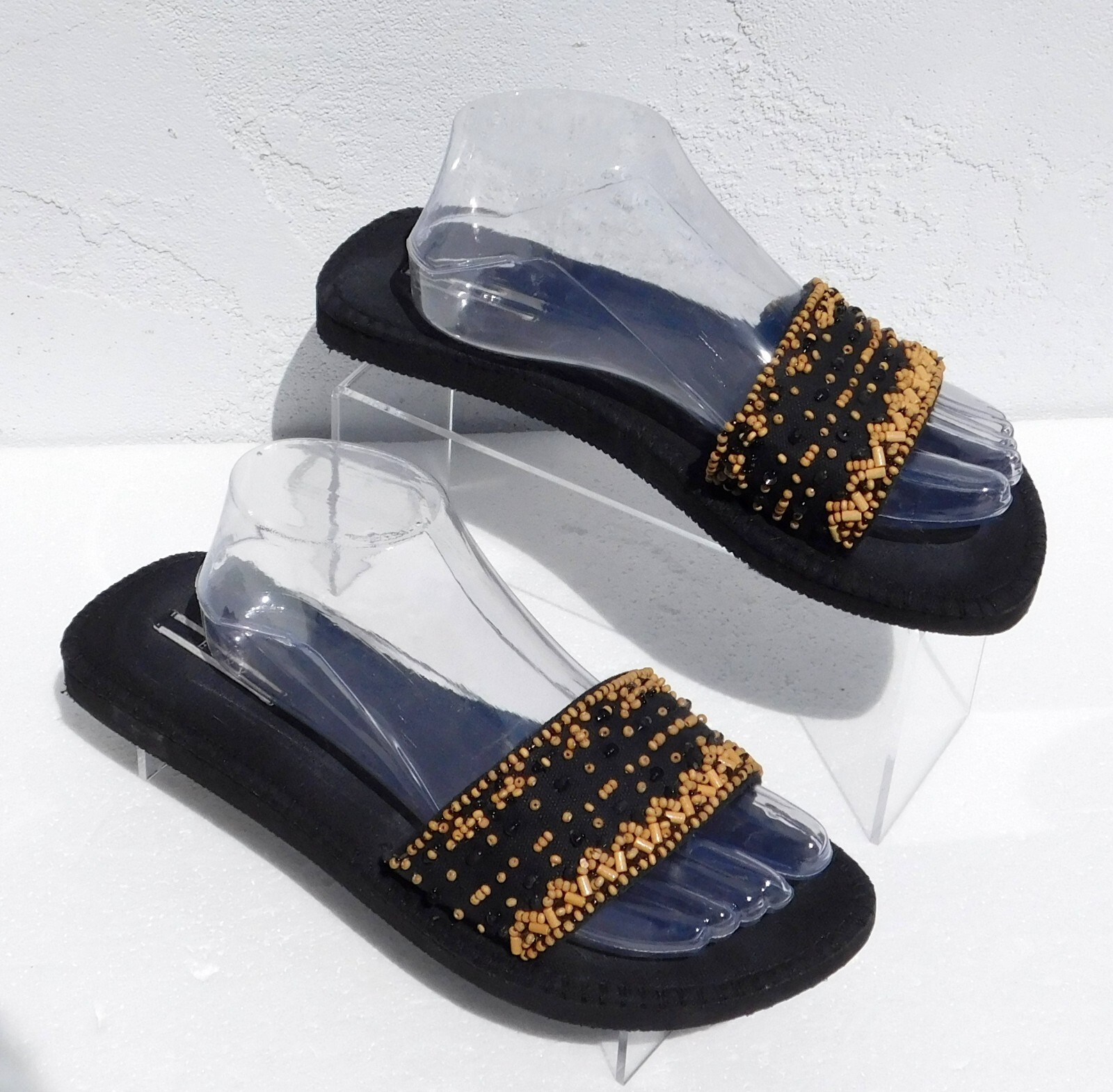 ESNY Sequin Beaded Slip On Mules Black Tan 9/10 Ladies Casual Party