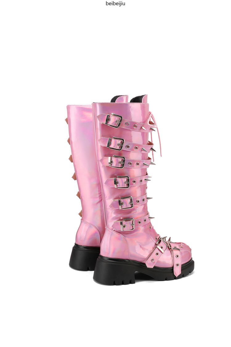 Women’s Punk Cosplay Mid Calf Boots Spike Studded Mid Block Heel Buckle Shoes Sz