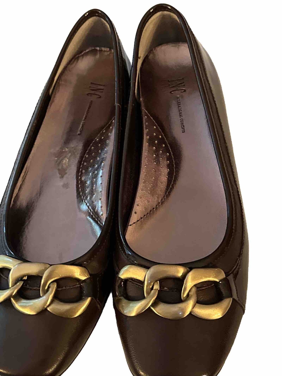 INC Brown Patent Leather Shoes Slip On Flats Chain Detail Academia Office Siren