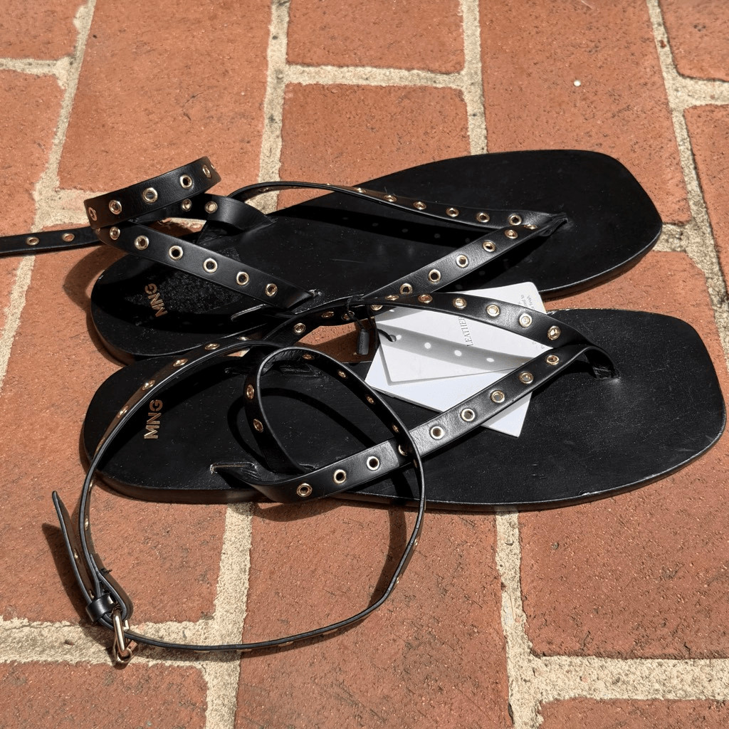 MNG by Mango Leather Eyelet Strappy Square Toe Sandals Black 41 NWT