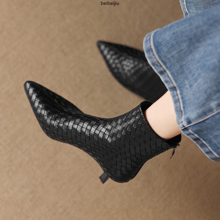 Women’s Weave Real Leather Ankle Boots Low Kitten Heel Dress Fashion Shoes Plus