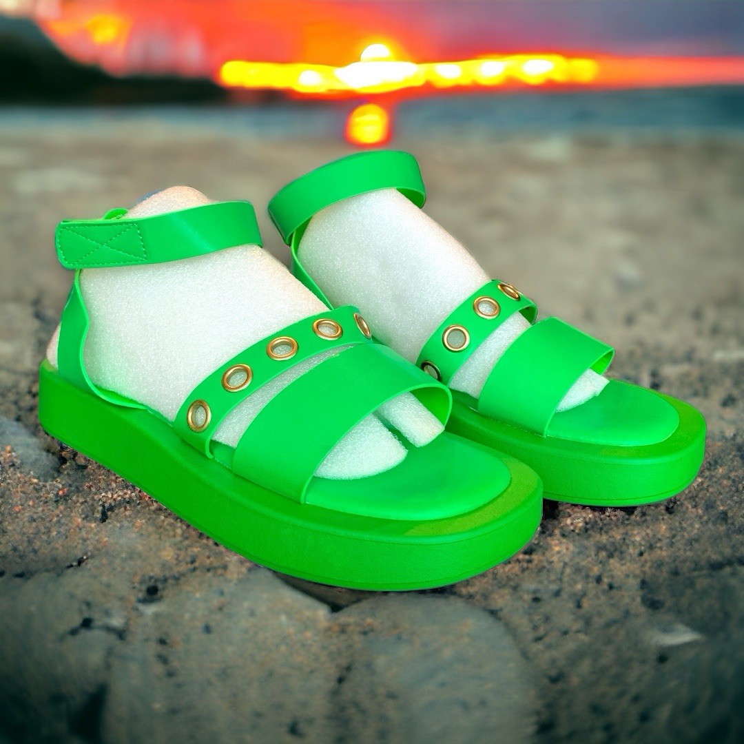 BERNESS Women’s Neon Green Platform Sandals Ankle Strap Grommet Size 9